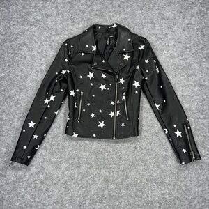 Aqua Jacket Womens XS Black Biker Polyurethane Star Print Asymmetrical Zip Front